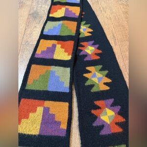 Unisex Alpaca Intarsia Wool Scarf Black Colorful Geometric Print 68”